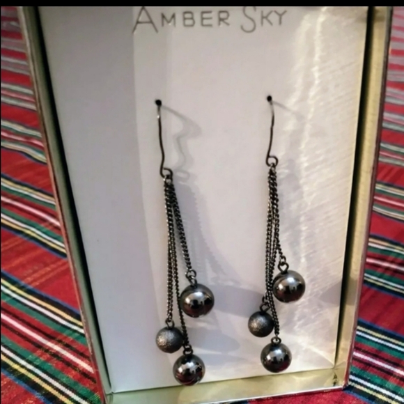 Vintage Drop Dangle Ball Pierce Earrings  3" Length~Pewter - Picture 1 of 5